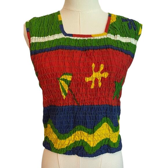Vintage Y2K Smocked Tank Top Womens FS Colorful Tropical Eclectic Pop Art RARE - Picture 1 of 8